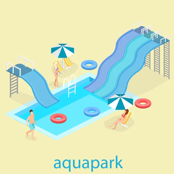 Flat 3d isometric summer aquapark. - Stok Vektor