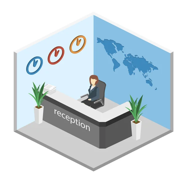 Isometric interior of reception. World map on the wall — Stock Vector