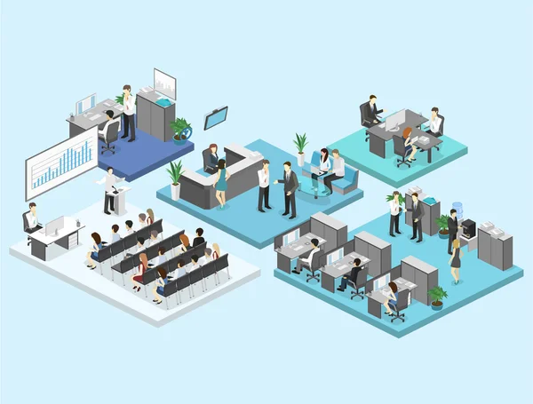 Departamentos interiores de planta de oficina isométrica — Vector de stock