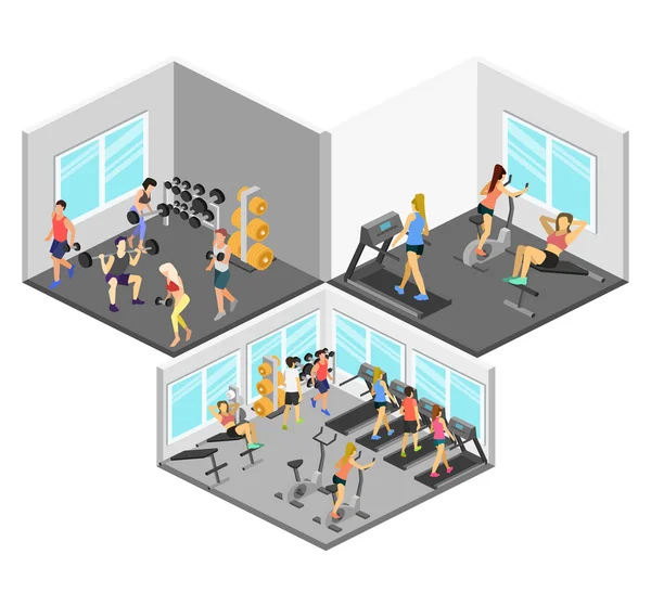 Isometric interior of gym. People involved in sports — Stock Vector