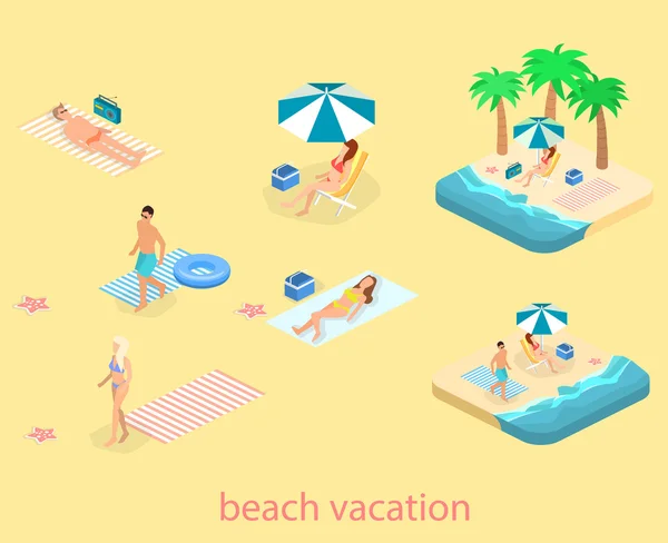 Paisaje isométrico con mar y gente en la playa — Vector de stock