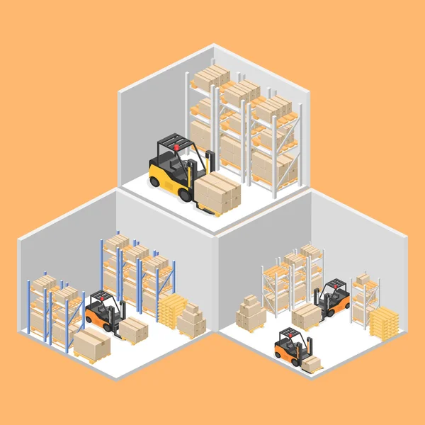 Isometric interior of warehouse. — Stock Vector