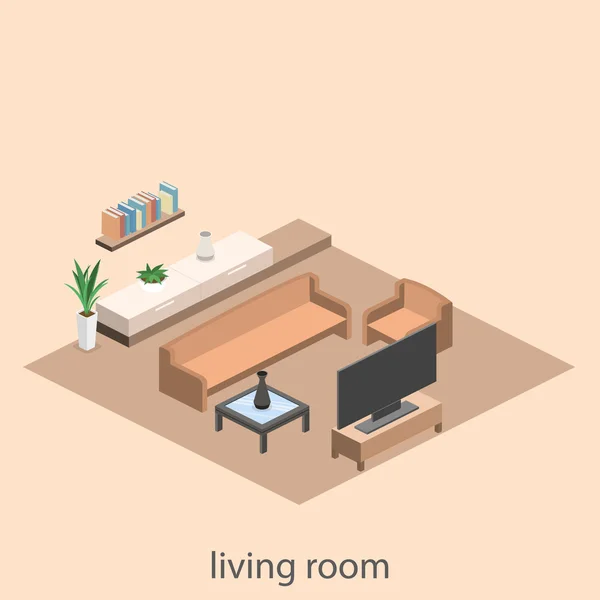 Interno isometrico di un soggiorno moderno — Vettoriale Stock