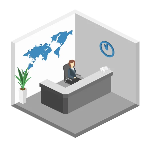 Isométrico interior de recepción. Mapa del mundo en la pared — Vector de stock