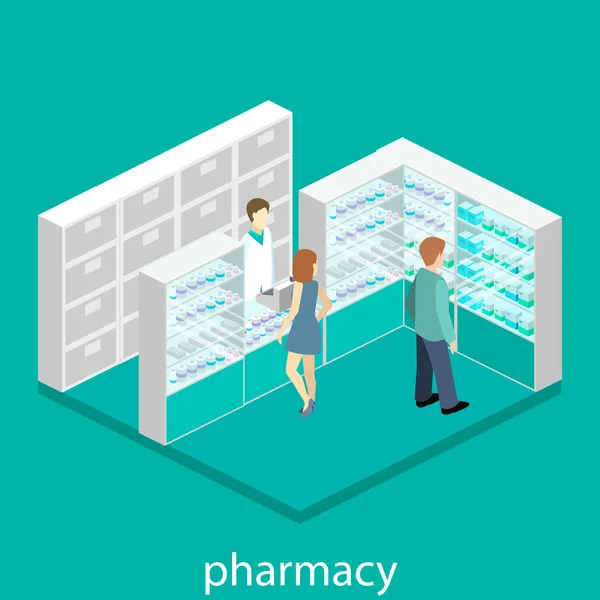 Interior isométrico de la farmacia — Vector de stock