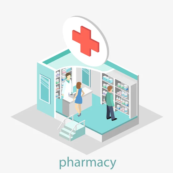 Interior isométrico de la farmacia . — Vector de stock