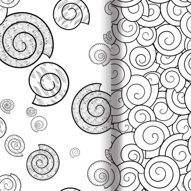 Sorunsuz kabukları desenleri kümesi. Dekoratif elemanlar çizilmiş vektör. Boyama kitabı için desen. Siyah ve beyaz zentangle desen.