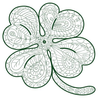 Doodle stil, etnik süs vektör çizim sayfalarında yetişkin renklendirme için çizilmiş dört yapraklı yonca ver. Gevşeme Terapisi için boyama kitabı.
