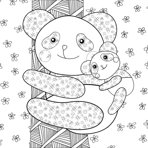 Desenho para colorir bonito panda abraçando seu bebê. Caprichoso