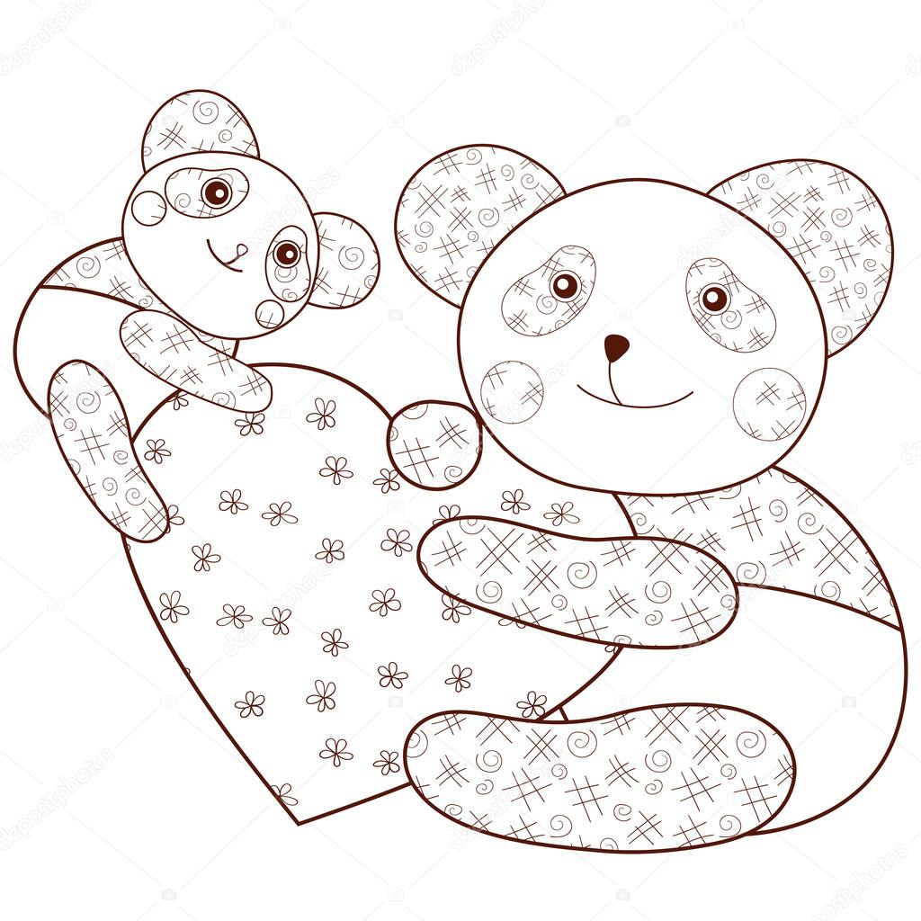 Panda avec petit coeur livre de coloriage Contour marron — Image vectorielle