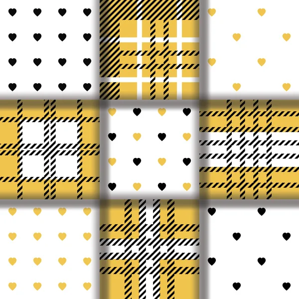 Uppsättning av sömlösa twill Pläd tartan mönster och mönster med gyllene svarta hjärtan. — Stock vektor