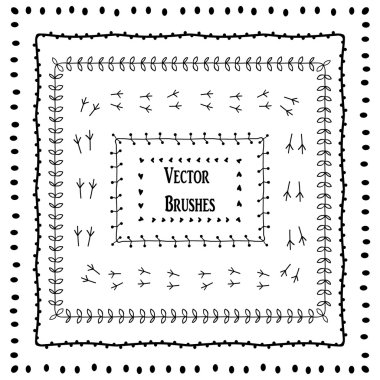 Elle çizilmiş fırçalar vektör kümesi. Çerçeve, sınır, afiş, kartı, düğün şablon, davetiye vb. için seamless modeli. Dalları, kuş ayak izi, dot, kalp elemanları ile. Fırçalar eps dahil