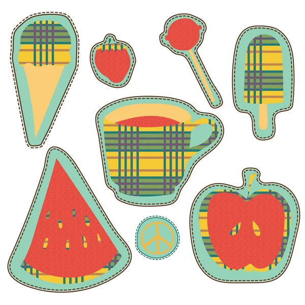 Feliz bordado colorido colección de parches de verano. ilustración vectorial para pegatinas, parches, imanes, decoración de tarjetas de felicitación — Vector de stock