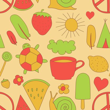 elle çizilmiş doodles desen vektör çizim kahve Kupası, güneş, dondurma, kalp, bulut, gökkuşağı, kaplumbağa, tüy, Pasifik, salyangoz, Kızılderili çadırı, karpuz, beyaz arka plan üzerinde izole çilek