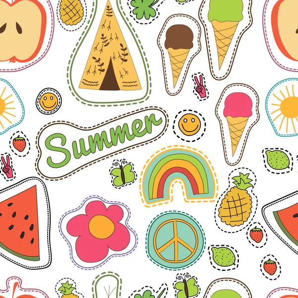 Fröhliche Stickerei bunten Sommer Patches Muster. Vektor nahtlos mit Ananas, Wassermelone, Eis, Zitrone, Schmetterling, Pergwam, Clower, Erdbeere, Sonne, Lächeln, Regenbogen, Pazifik — Stockvektor