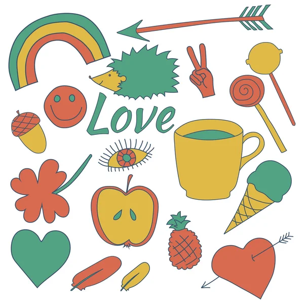 Mano dibujado garabatos colección vector ilustración café, manzana, helado, corazón — Vector de stock