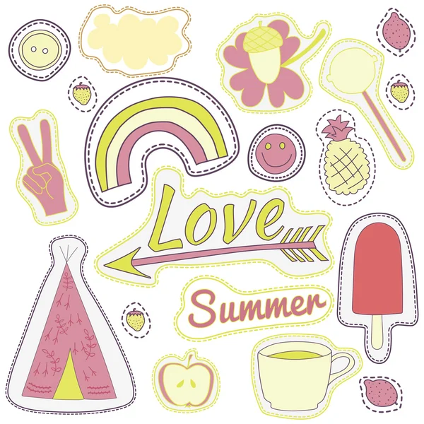 Boldog hímzés rózsaszín nyári foltok gyűjtése. vektoros illusztráció matricák,, mágnesek, üdvözlőlap dekoráció — Stock Vector