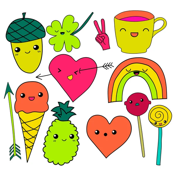 Lindo mano dibujado neón doodle colección vector ilustración café, flecha, helado, corazón, arco iris, trébol, amor, bellota, piruleta piña aislada sobre fondo blanco — Vector de stock