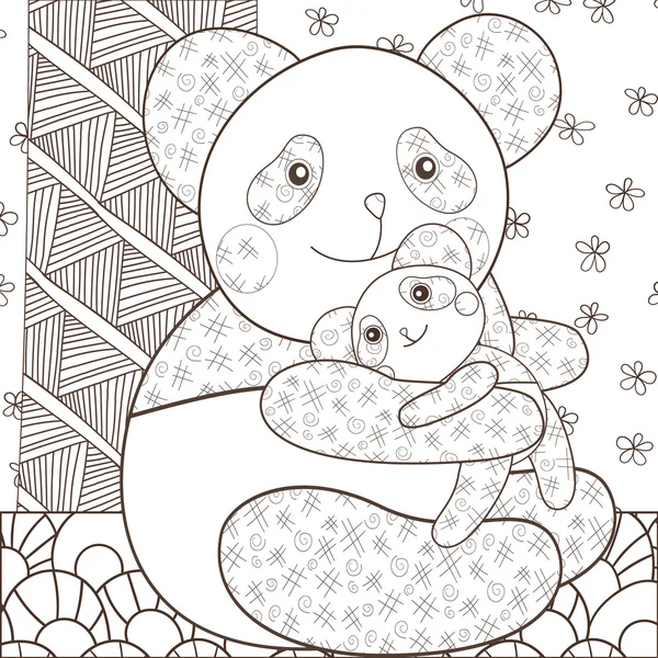 Desenho para colorir bonito panda abraçando seu bebê. Caprichoso linha arte vetor ilustração. contorno castanho — Vetor de Stock