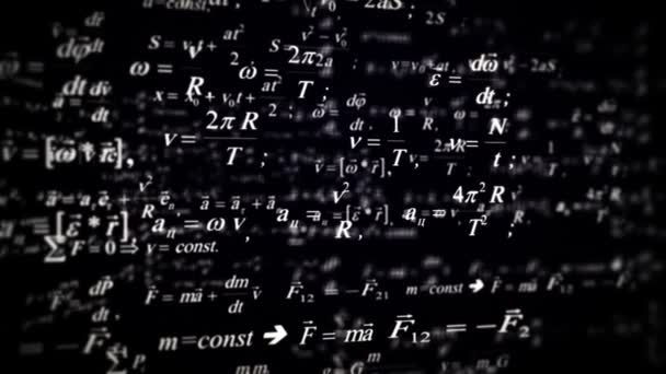 Fysiska vetenskapen formler flyger runt. Matematiska formler. Blå krita. — Stockvideo