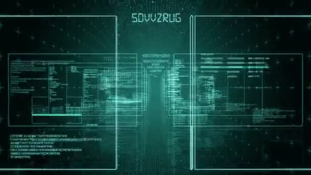 Snabb kameran flyttar tråg digital datorskärmar med kör kod text. — Stockvideo