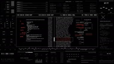 Sci Fi patern.2D GFX.HUD Kullanıcı Arayüzü. Teknolojik Programlama metin kodu ve infografik dijital elementler. Tip 2