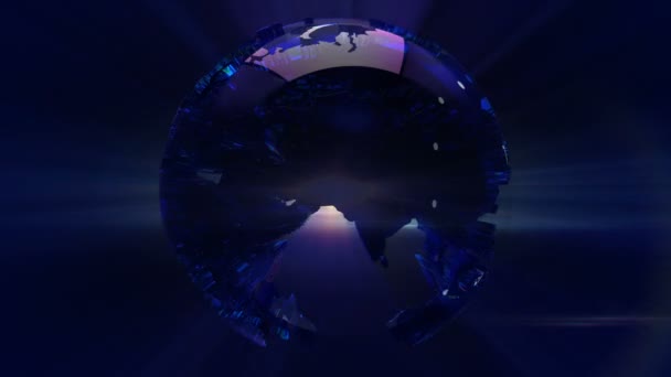 Planeta Earth.Seamless globo de vidrio 3D.World mapa intro.Flares brillan Ciencia Fi.Cosmic.Broadcast. — Vídeo de stock
