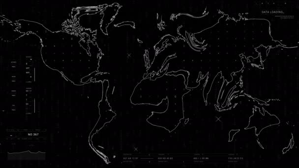 Soyut Hava Tahminleri Harita Kullanıcı Arayüzü. Dünya haritasının farklı bölümlerinde sayılarla HUD. — Stok video