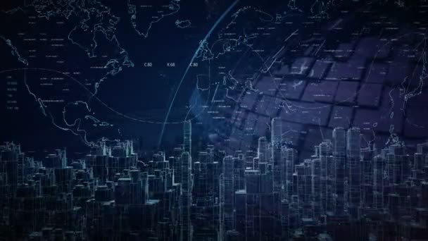 Mapa světa a mapa města HUD.Technologický globus Mapa světa a 2D grafické digitální prvky. — Stock video