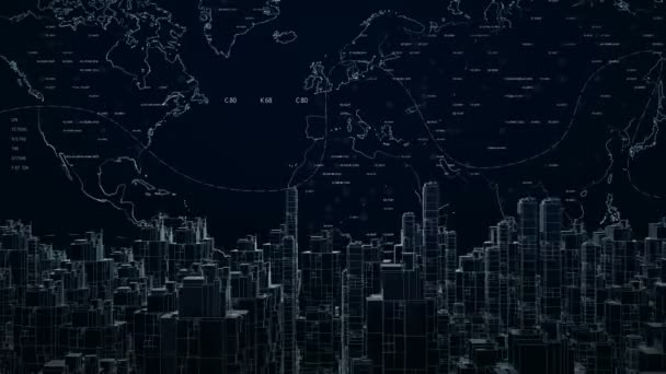HUD City animation.Carte du monde technologique et éléments numériques graphiques 2D et Cité futuriste de la science-fiction générée en 3D.. — Video