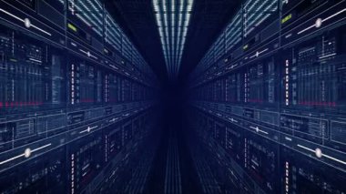 HUD teknolojisiz bilim kurgu animasyonu. Soyut sunucu geleceksel panelleri.