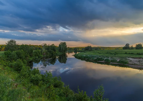 Летний вечер, река течет через поле, лес вдалеке — стоковое фото