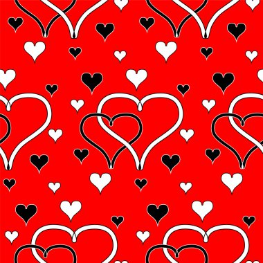  Siyah ve beyaz kalpler kırmızı zemin üzerine kesişen. Tekstil, kumaş, ambalaj ve web tasarımı için uygundur..