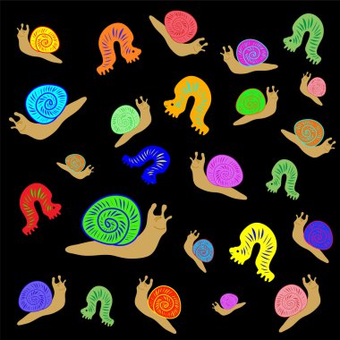 Komik renkli böcekler siyah arka plan üzerine Doodle