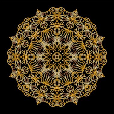 Siyah zemin üzerine altın Mandala. Elle çizilmiş Mandala, oryantal dekoratif unsur, Vintage tarzı.