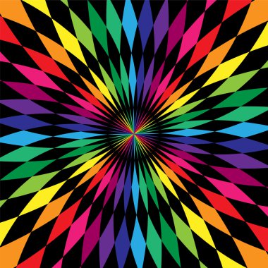 Renkli Poligonal Desen. Gökkuşağı ve Siyah Çizgili Geometrik Soyut Arka Plan yuvarlak. Tekstil, kumaş, ambalaj ve web tasarımı için uygundur