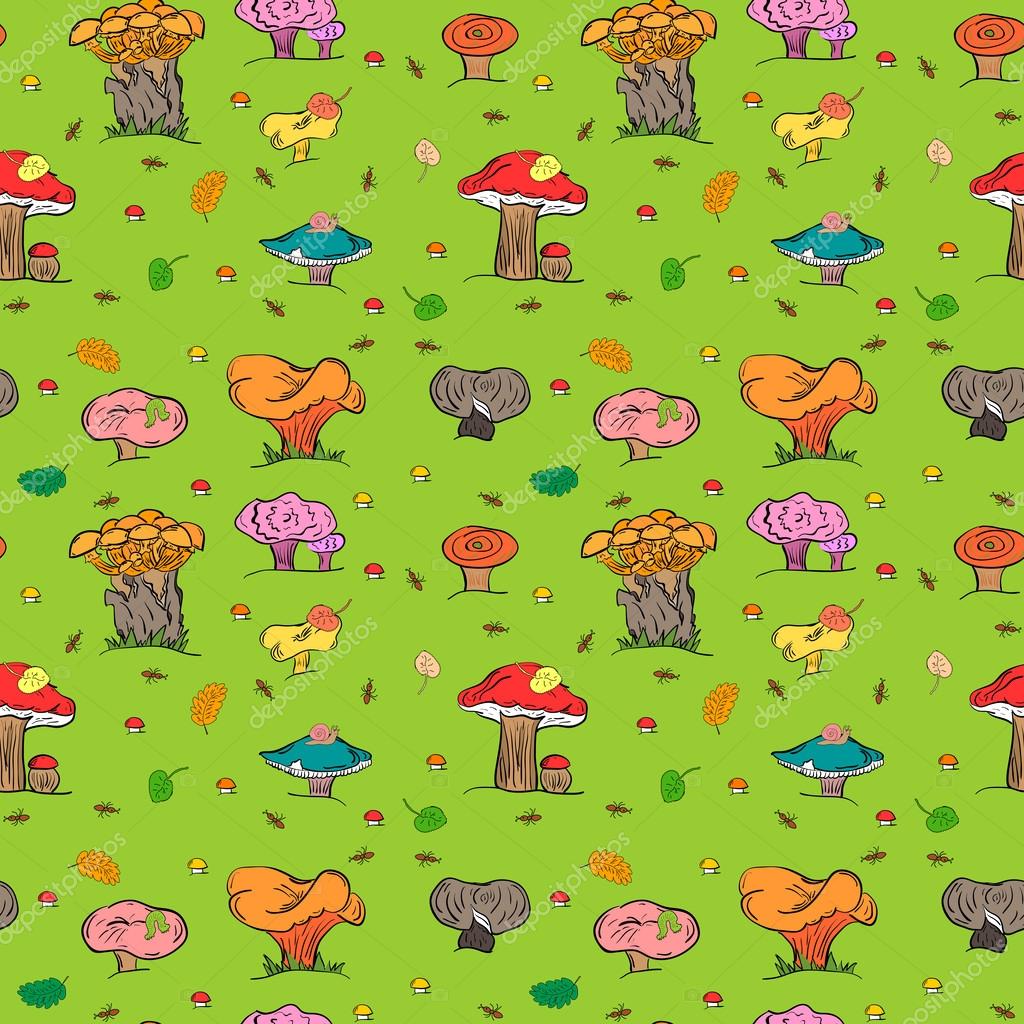 Carino funghi colorati disegnati a mano Caterpillar lumaca formica e foglie che cadono Reticolo di stile di Doodle Design perfetto per i bambini