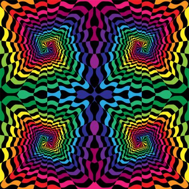 Merkezden genişleyen kesintisiz renkli ve siyah dalgalı çizgili spiraller. Perspektif yanılsaması. Tekstil, kumaş, ambalaj ve web tasarımı için uygundur..