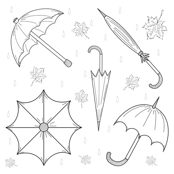 Set of Hand Drawn autumn umbrellas, leaves and drops. — Stock Vector