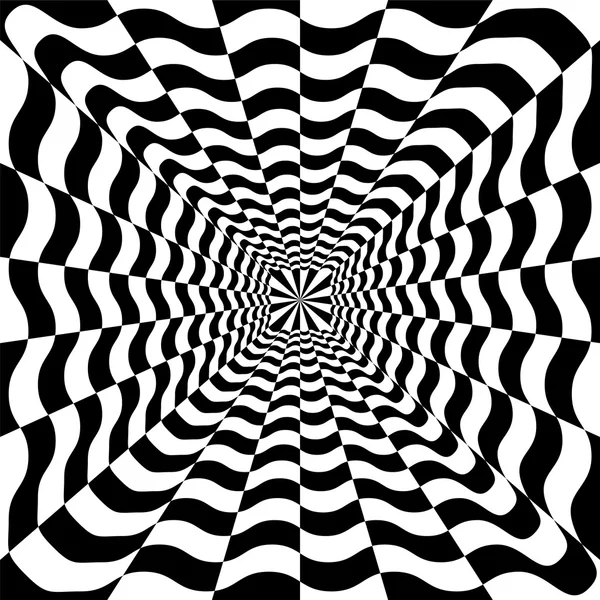 Espirales onduladas en blanco y negro que se expanden desde el centro. Ilusión óptica de perspectiva y volumen. Adecuado para textil, tela, embalaje y diseño web . — Vector de stock