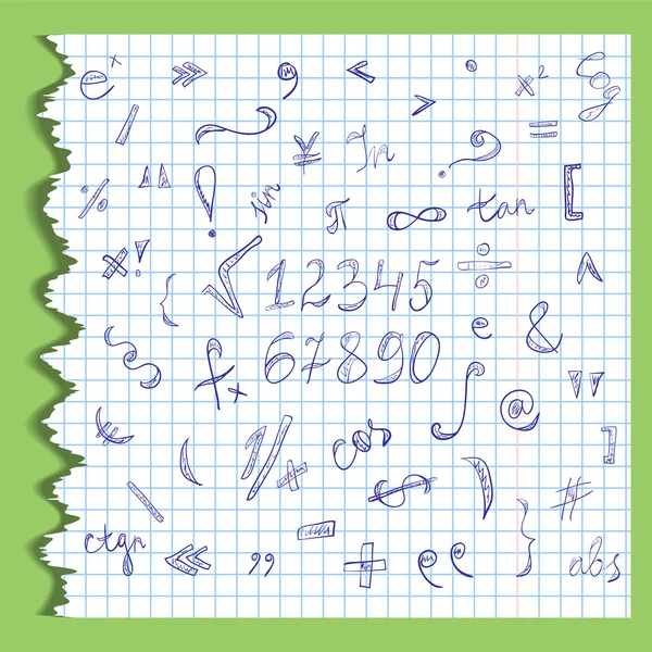 Símbolos y números matemáticos de garabatos dibujados a mano en una hoja rasgada de copybook en una jaula. Estilo Doodle — Vector de stock