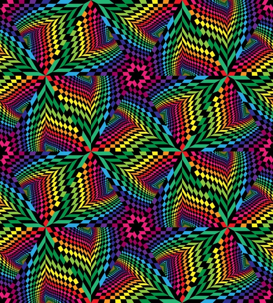 Nahtlose bunte und schwarze polygonale geometrische Muster, die in Richtung Zentrum abnehmen, erzeugen die Illusion von Tiefe und Volumen. geeignet für Textilien, Gewebe, Verpackungen und Webdesign. — Stockvektor