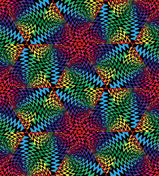 Sömlös färgglada och svart mönster av svällande vågor möts i mitten. En visuell Illusion av rörelse. Lämplig för textil, tyg, förpackningar och webbdesign. — Stock vektor