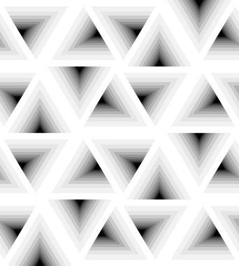 Dikişsiz Beyaz Üçgen Deseni Hafifçe ışıktan koyuya Parlıyor. Görsel Ses Efekti. Çokgen Geometrik Soyut Arka Plan. Tekstil, kumaş, ambalaj ve web tasarımı için uygundur.