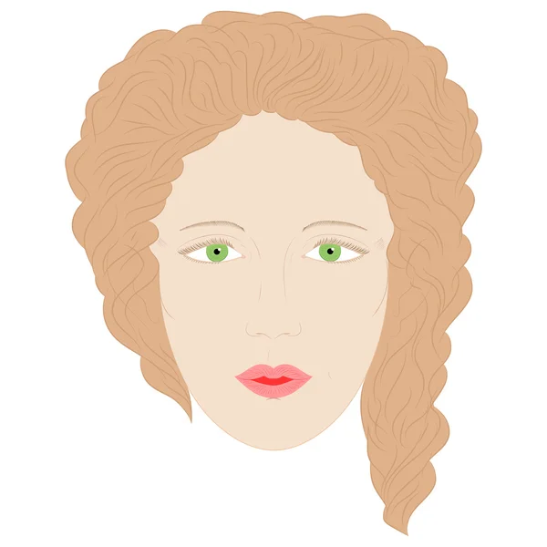 Hand Drawn Woman in Full Face with Green Eyes and Brown Curly Hairs — Stock Vector