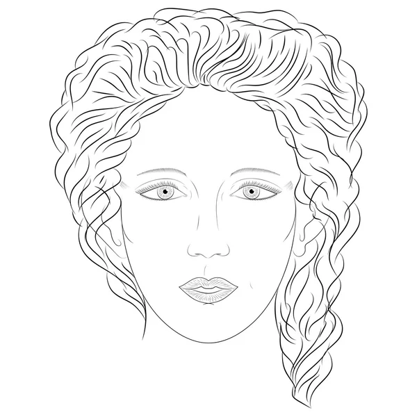手绘的女人在全脸。素描绘制美丽的女士与卷曲的头发. — 图库矢量图片