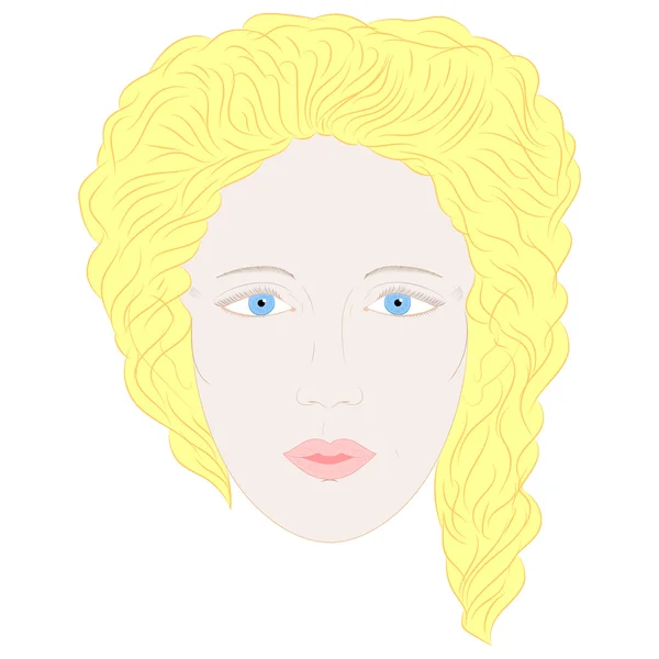 Hand Drawn Woman in Full Face with Blue Eyes and Blonde Curly Hairs. — Stock Vector