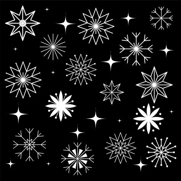 Σετ από διάφορες χιονονιφάδες. Λευκά αστέρια και νιφάδες χιονιού στο μαύρο φόντο. Στοιχεία για το σχεδιασμό των Χριστουγέννων και του νέου έτους — Διανυσματικό Αρχείο