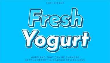 Markalaşma ve reklam için parlak mavi arkaplanda taze yoğurt metin efekti