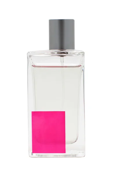 Perfume bottle with pink square isolate — Stock Photo, Image